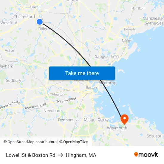 Lowell St & Boston Rd to Hingham, MA map