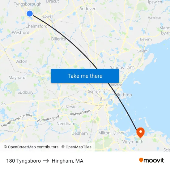 180 Tyngsboro to Hingham, MA map