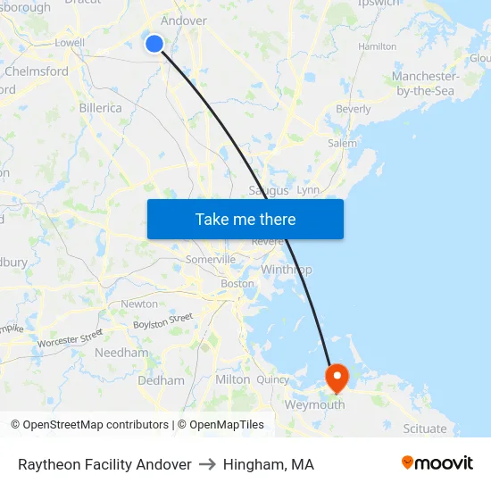 Raytheon Facility Andover to Hingham, MA map