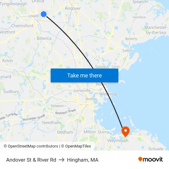 Andover St & River Rd to Hingham, MA map