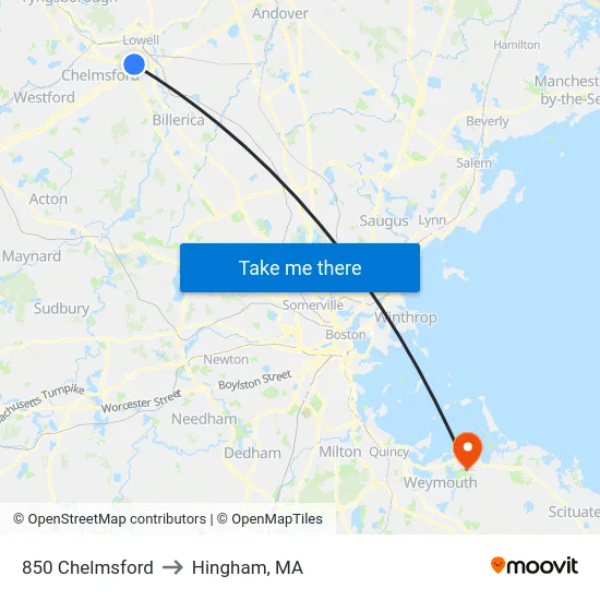 850 Chelmsford to Hingham, MA map