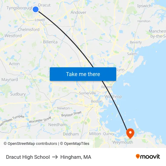 Dracut High School to Hingham, MA map