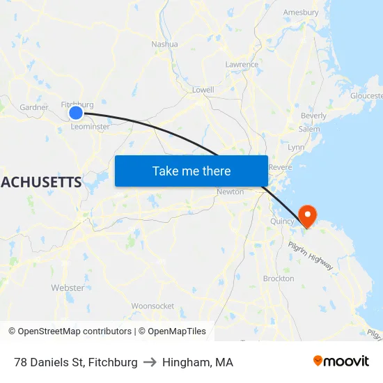 78 Daniels St, Fitchburg to Hingham, MA map