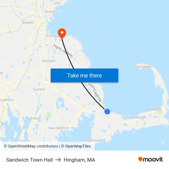 Sandwich Town Hall to Hingham, MA map