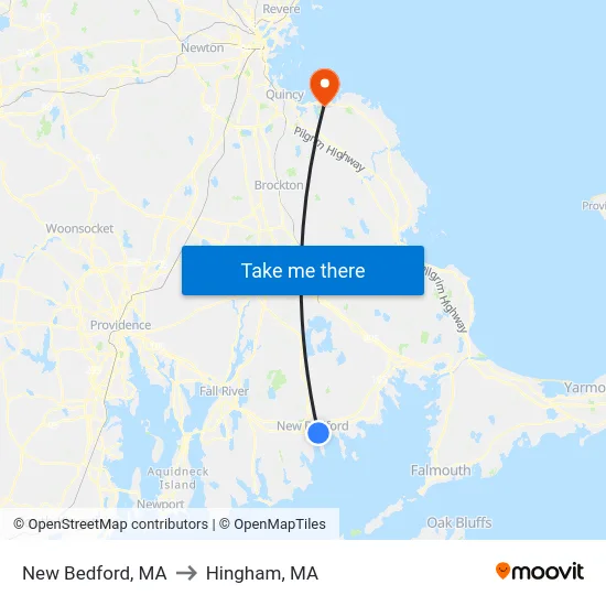 New Bedford, MA to Hingham, MA map