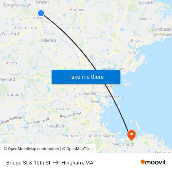 Bridge St & 10th St to Hingham, MA map