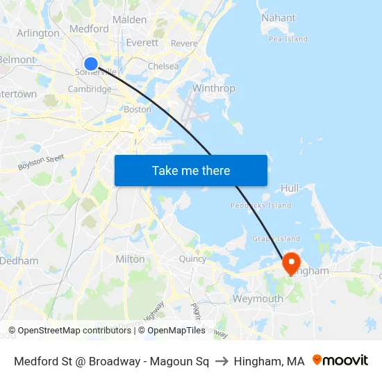 Medford St @ Broadway - Magoun Sq to Hingham, MA map
