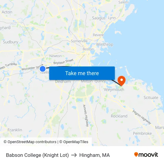 Babson College (Knight Lot) to Hingham, MA map
