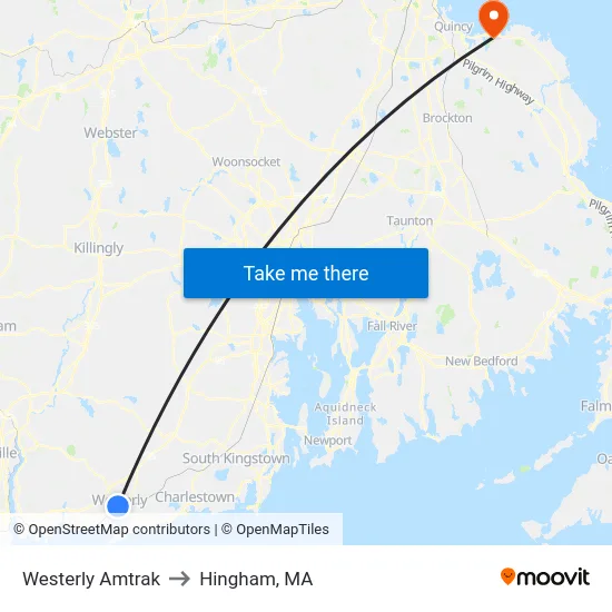 Westerly Amtrak to Hingham, MA map