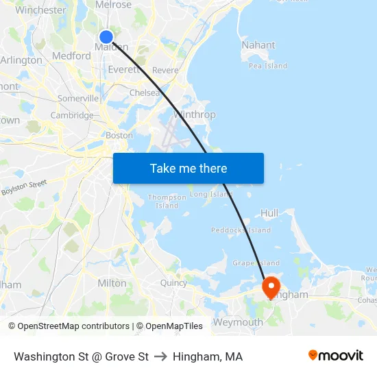 Washington St @ Grove St to Hingham, MA map
