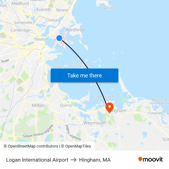 Logan International Airport to Hingham, MA map