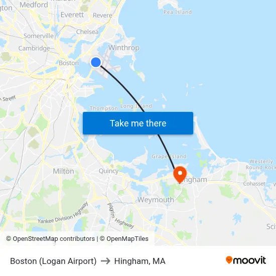 Boston (Logan Airport) to Hingham, MA map