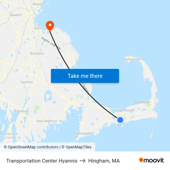 Transportation Center Hyannis to Hingham, MA map