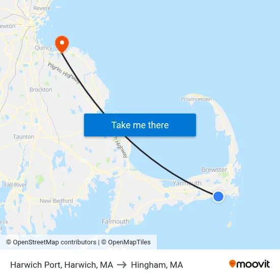 Harwich Port, Harwich, MA to Hingham, MA map