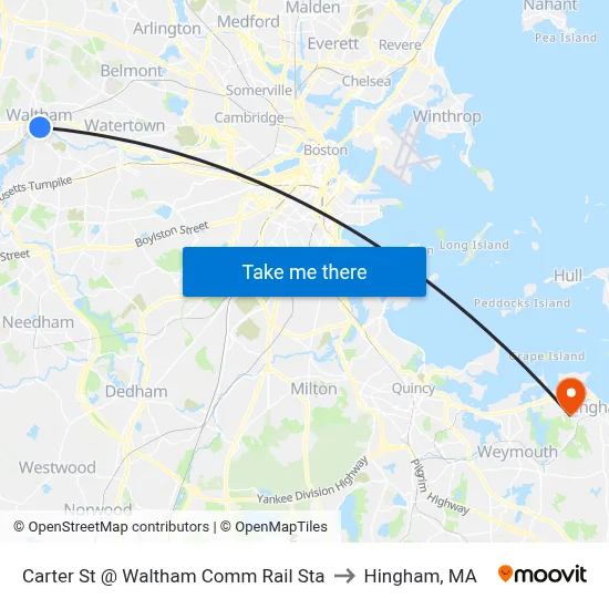 Carter St @ Waltham Comm Rail Sta to Hingham, MA map