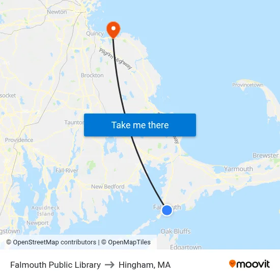 Falmouth Public Library to Hingham, MA map