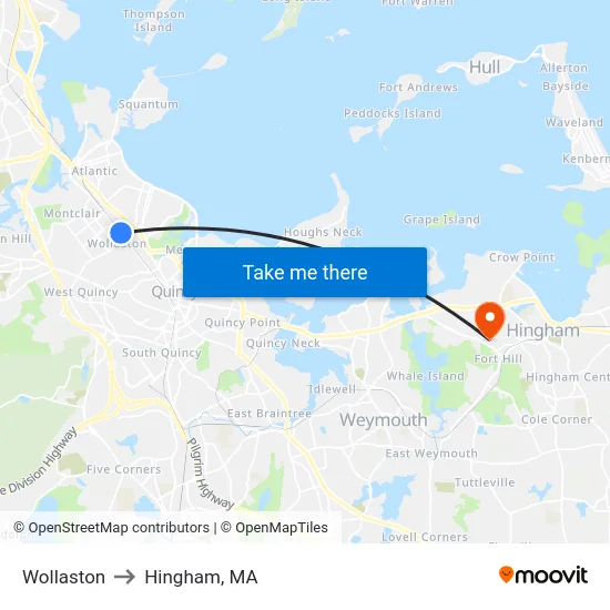 Wollaston to Hingham, MA map