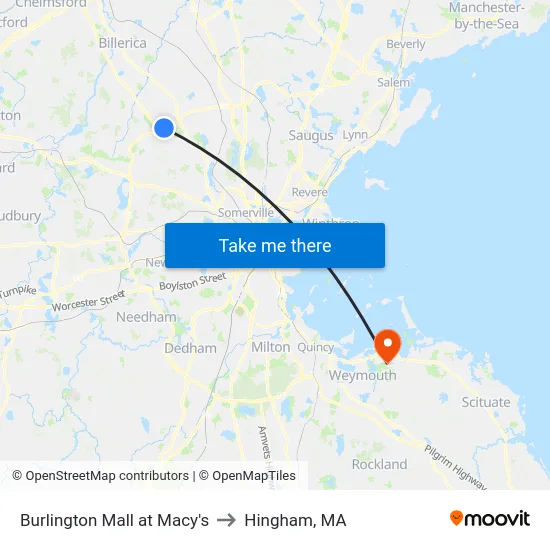 Burlington Mall at Macy's to Hingham, MA map