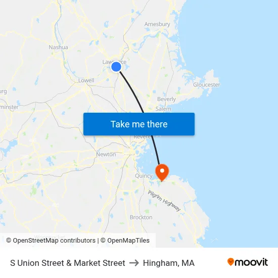 S Union Street & Market Street to Hingham, MA map