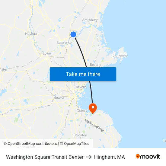 Washington Square Transit Center to Hingham, MA map