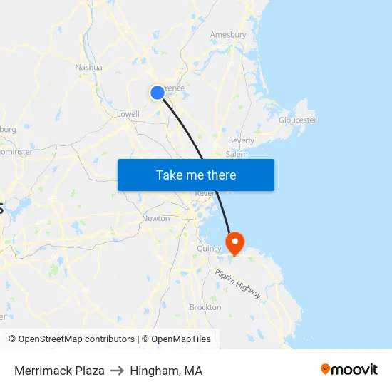 Merrimack Plaza to Hingham, MA map