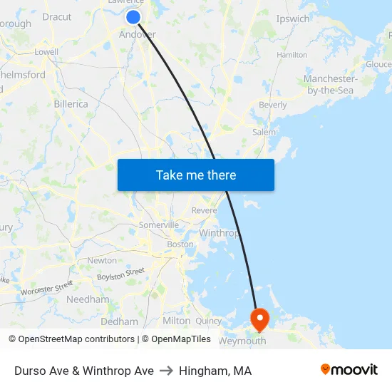 Durso Ave & Winthrop Ave to Hingham, MA map
