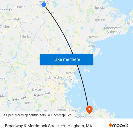 Broadway & Merrimack Street to Hingham, MA map