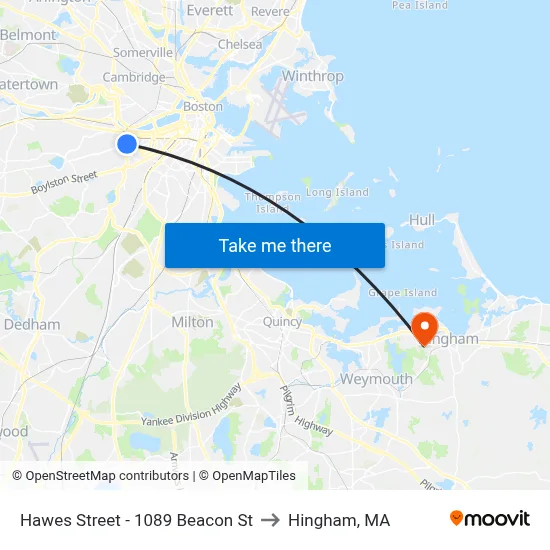 Hawes Street - 1089 Beacon St to Hingham, MA map