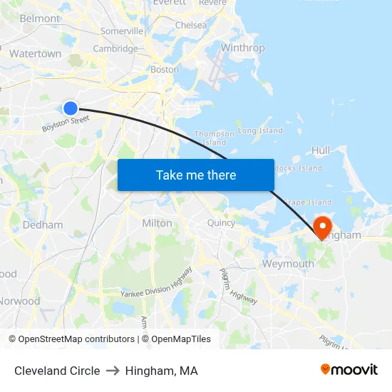 Cleveland Circle to Hingham, MA map