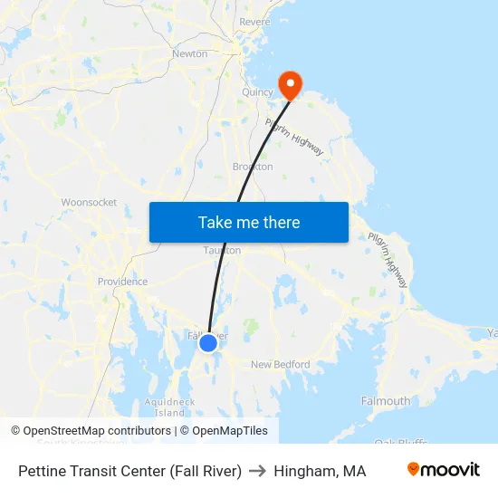Pettine Transit Center (Fall River) to Hingham, MA map