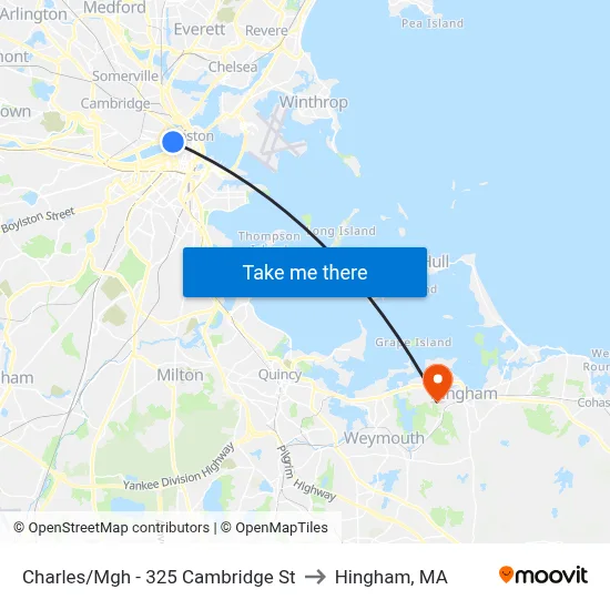 Charles/Mgh - 325 Cambridge St to Hingham, MA map