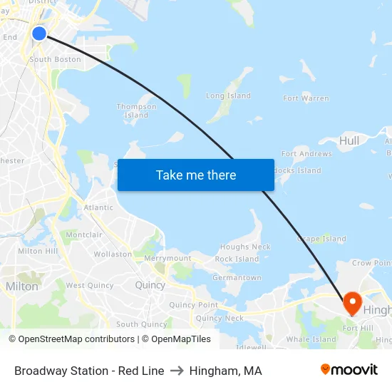 Broadway Station - Red Line to Hingham, MA map