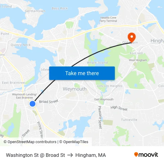 Washington St @ Broad St to Hingham, MA map
