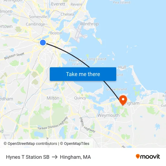 Hynes T Station SB to Hingham, MA map