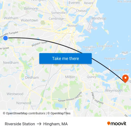 Riverside Station to Hingham, MA map