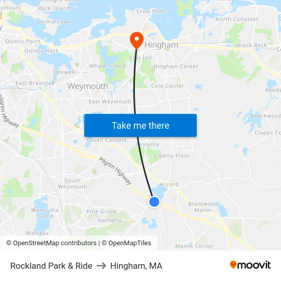 Rockland Park & Ride to Hingham, MA map