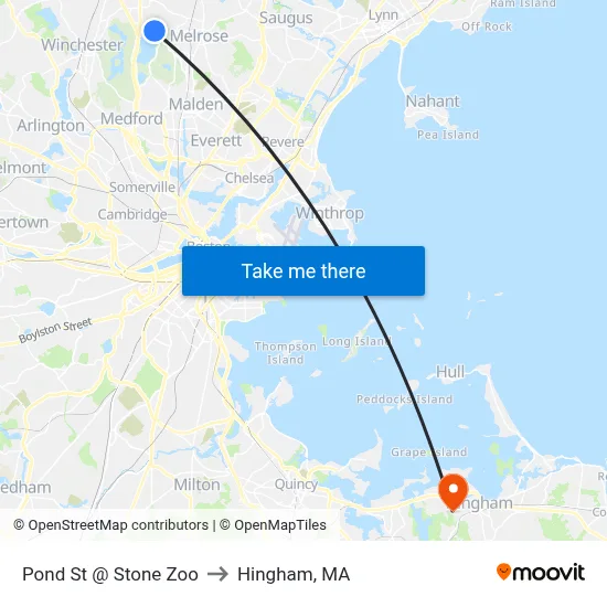 Pond St @ Stone Zoo to Hingham, MA map