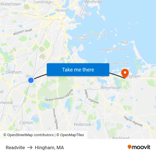 Readville to Hingham, MA map