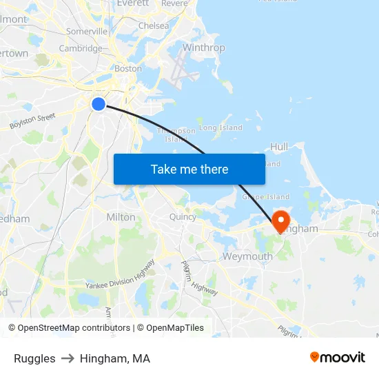Ruggles to Hingham, MA map