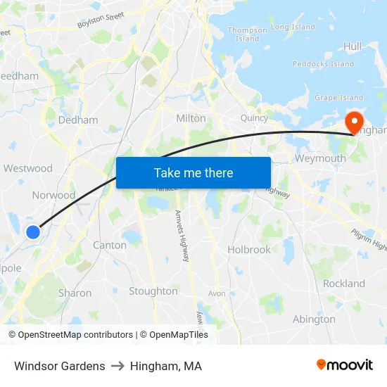 Windsor Gardens to Hingham, MA map
