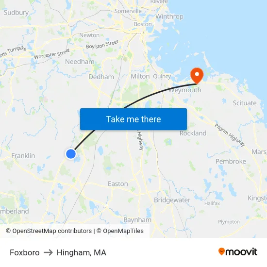 Foxboro to Hingham, MA map