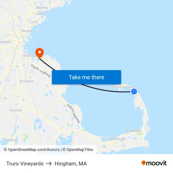 Truro Vineyards to Hingham, MA map