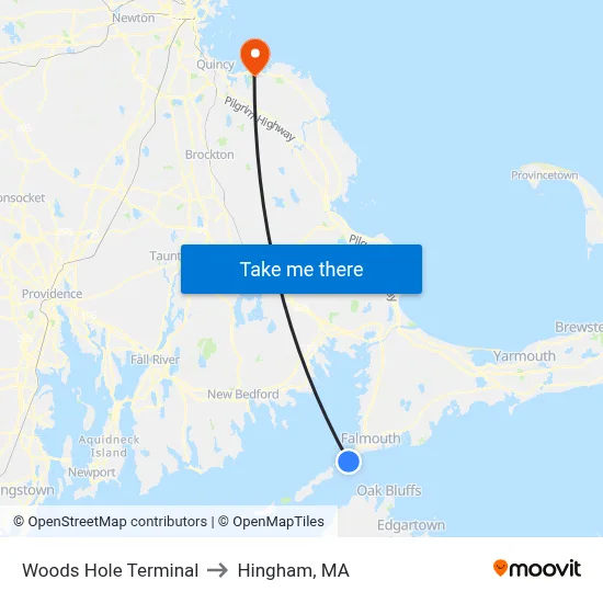 Woods Hole Terminal to Hingham, MA map