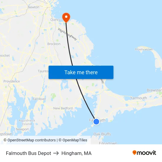 Falmouth Bus Depot to Hingham, MA map