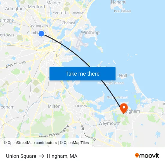 Union Square to Hingham, MA map