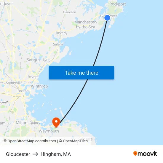 Gloucester to Hingham, MA map
