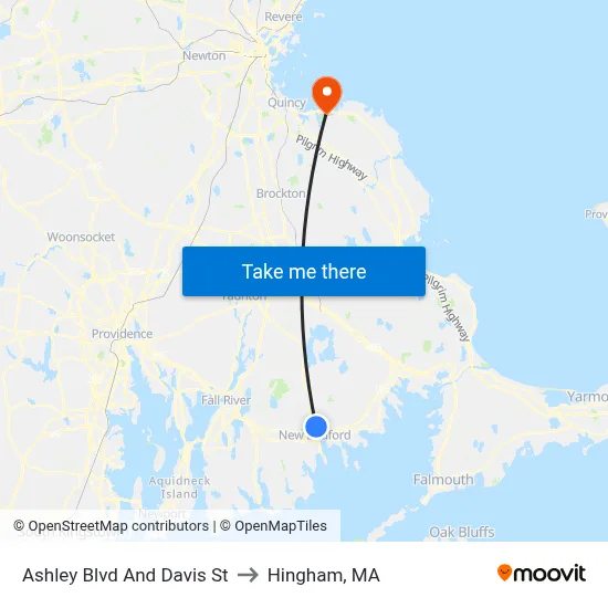 Ashley Blvd And Davis St to Hingham, MA map