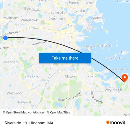 Riverside to Hingham, MA map