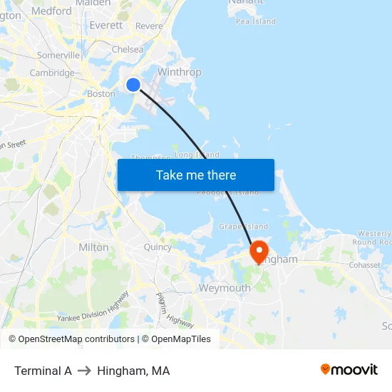 Terminal A to Hingham, MA map