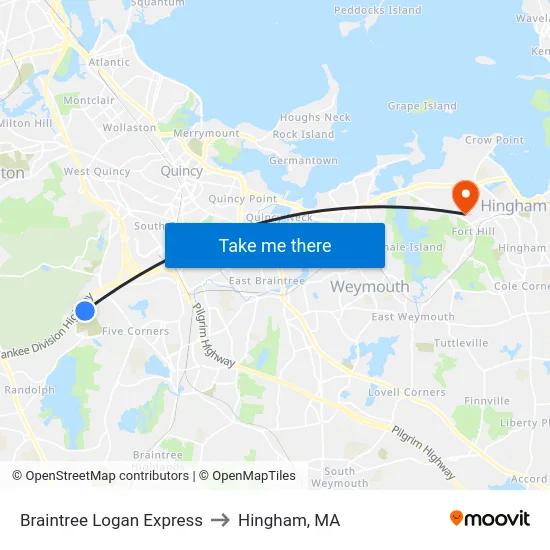 Braintree Logan Express to Hingham, MA map
